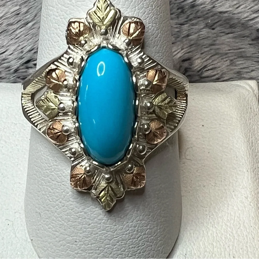 Black Hills Gold Sterling Silver Turquoise Leaves Ring Size 10